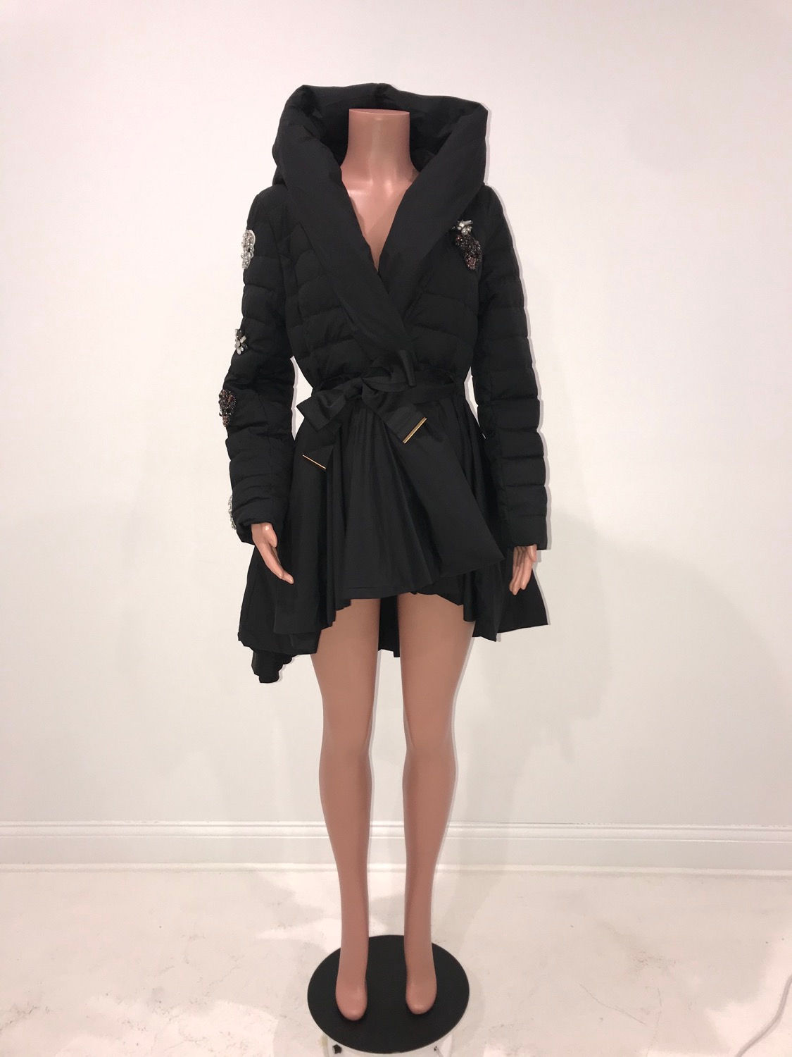 Hi Low Peplum Hooded Puffer Jacket, Skeleton & Floral Appliques, SKULLS