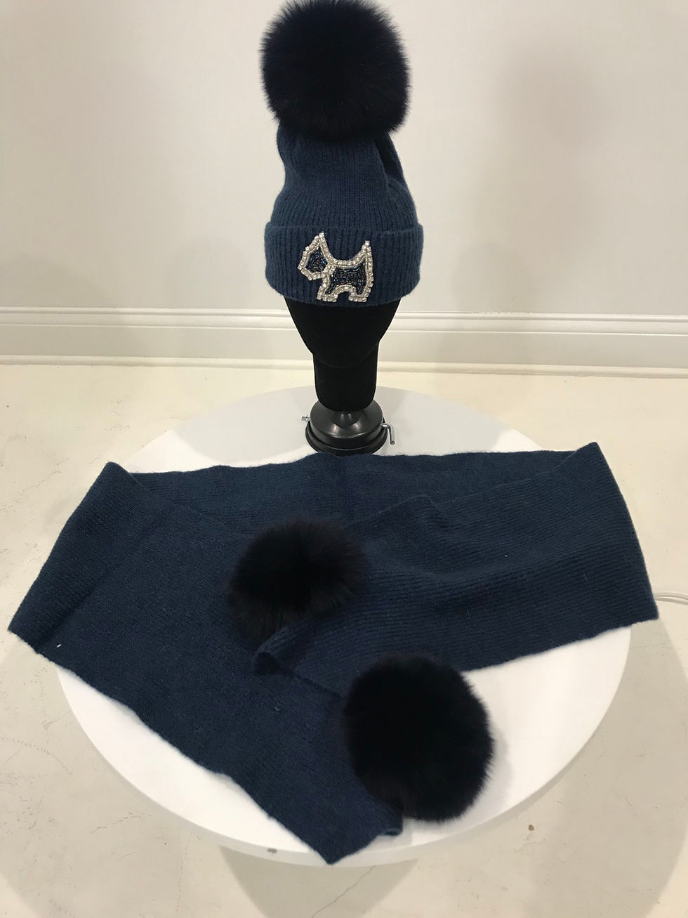 Thumbnail: Winter Hat & Scarf Set, Blue, fox fur pom, SCOTTY DOG