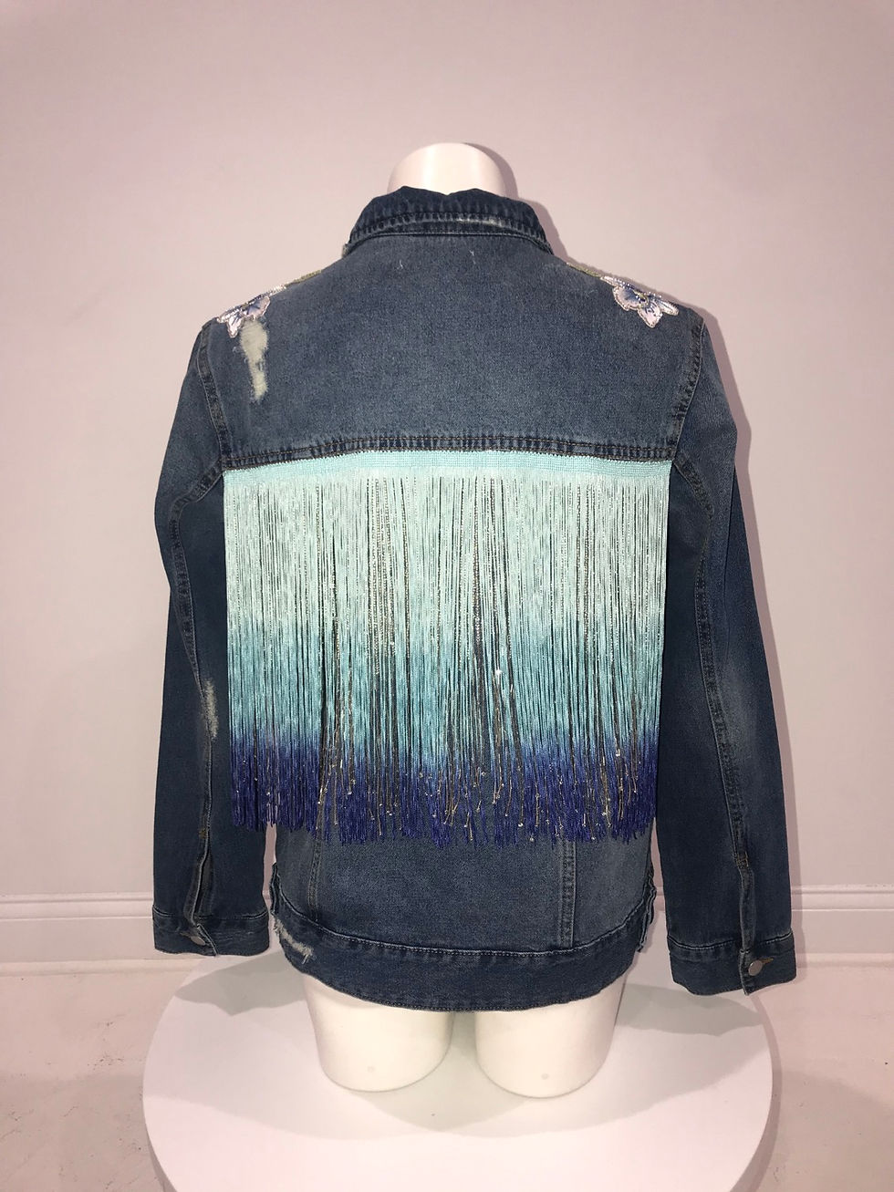 Ladies Blue Denim Jacket, Ombre Beaded Fringe, Swarovski Crystals