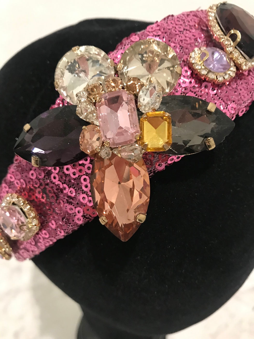 Thumbnail: Headband, Pink Sequin, Crystals, Rhinestones, Flower Pattern
