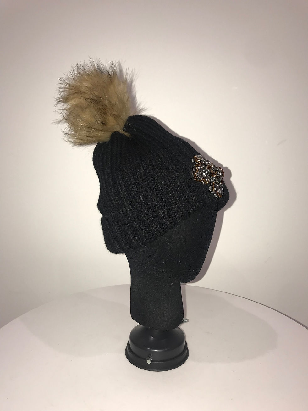 Thumbnail: Wool Hat - Black w/ Tan Real Fox Fur Pom / Designer Crystal Cross Applique