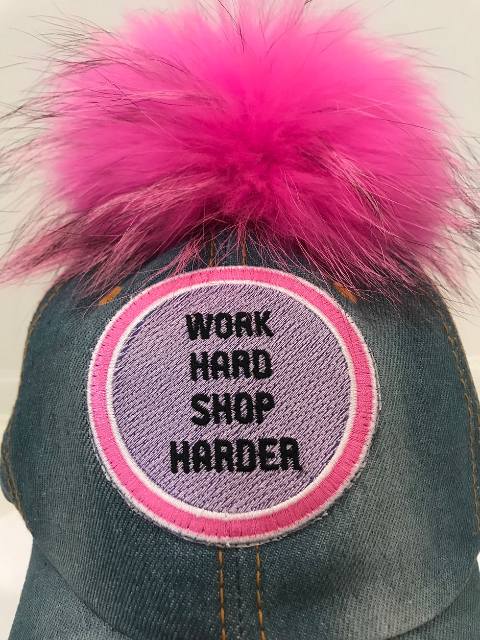 Thumbnail: "Work Hard Shop Harder" Faded Distressed Denim Baseball Hat