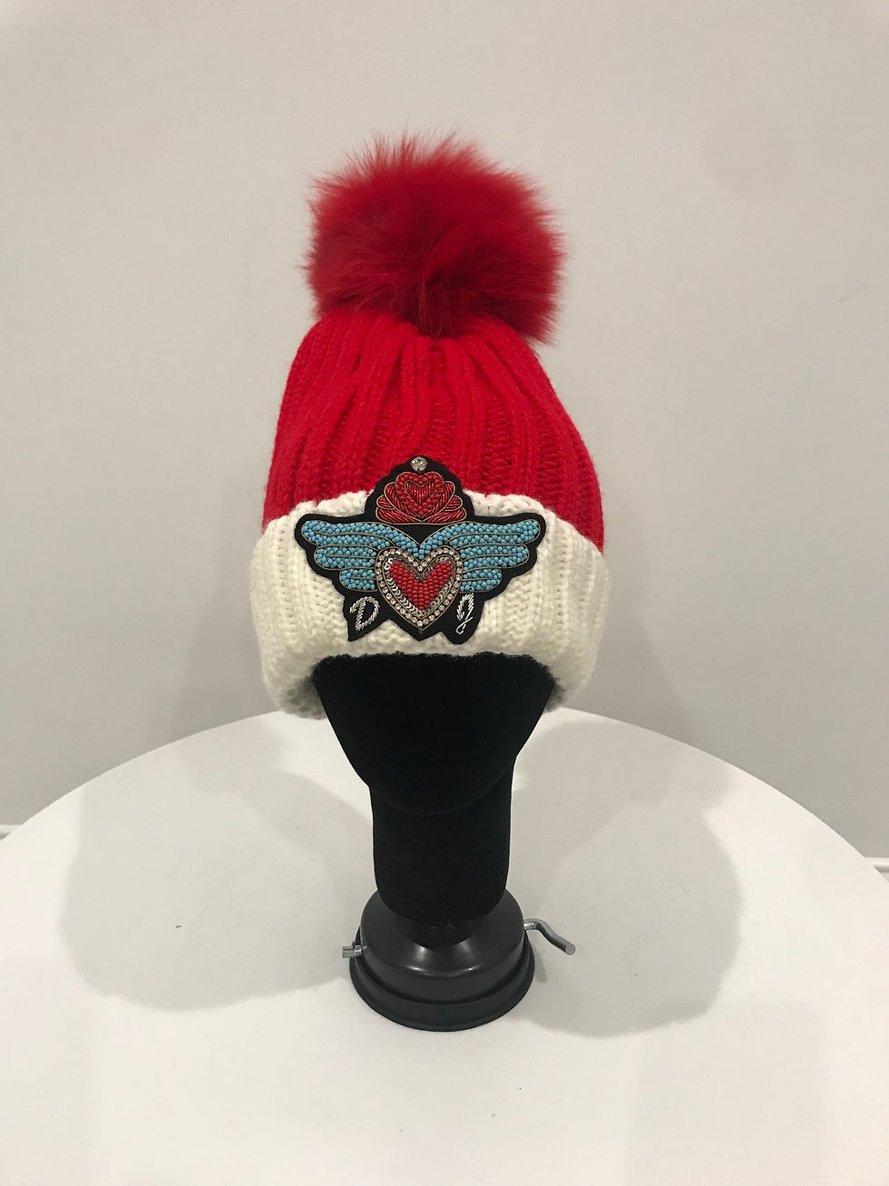 Thumbnail: Wool Hat - Red & White / Red Real Fox Fur Pom / Beaded Designer Patch