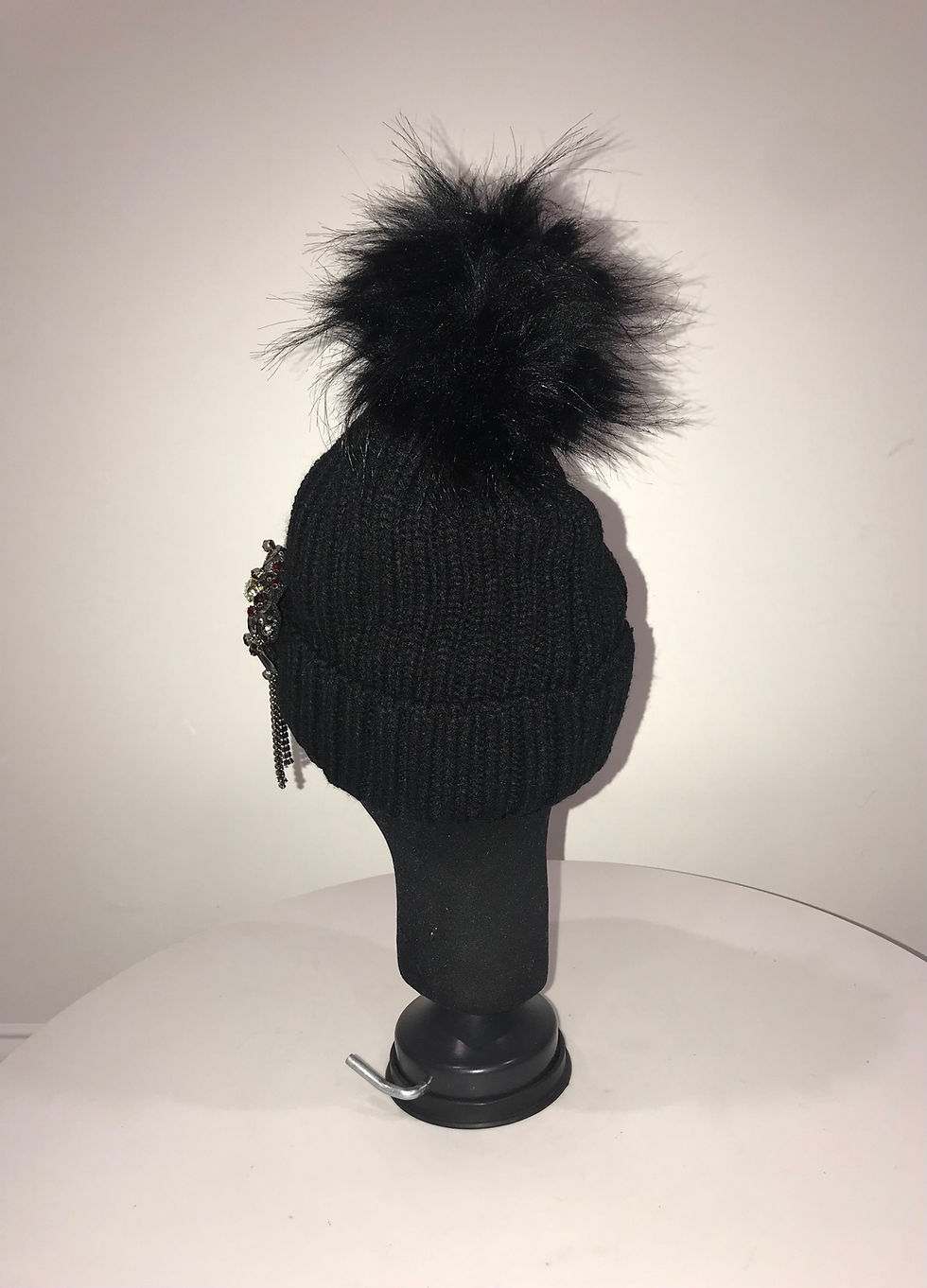 Thumbnail: Wool Hat - Black w/ Black Real Fox Fur Pom / Designer Rhinestone Applique