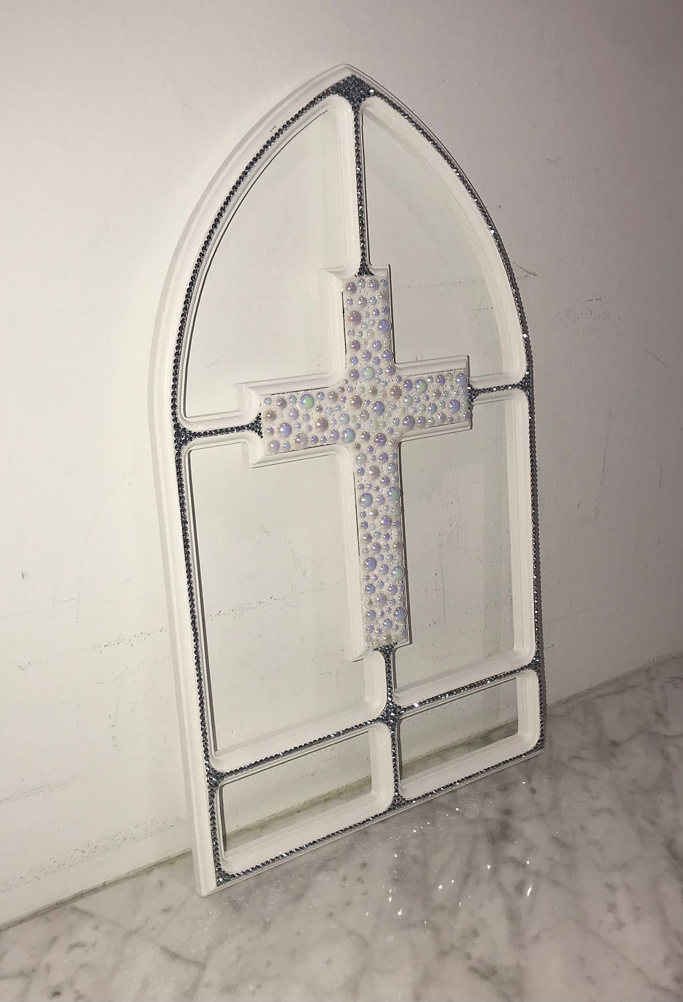 Thumbnail: White Framed Cross Wall Art Swarovski Crystals Pearls