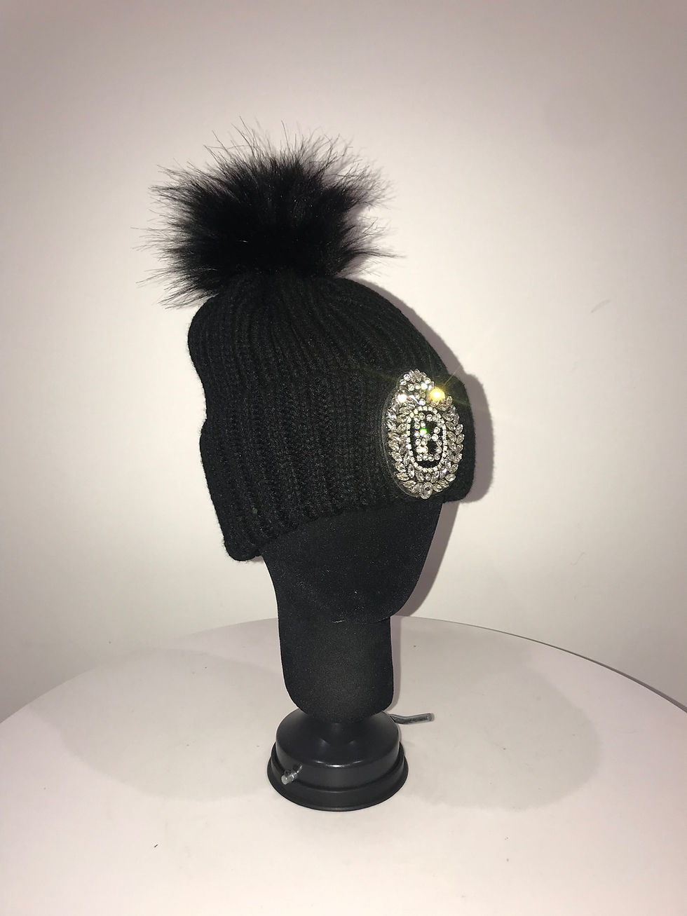 Thumbnail: Wool Hat - Black / Black Real Fox Fur Pom / Designer Rhinestone Applique
