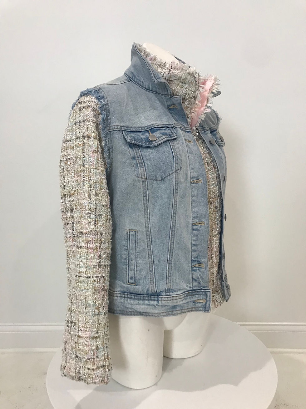 Thumbnail: L/S Lt Blue Denim Jacket, Tweed sleeves/lining/numbers, pearls