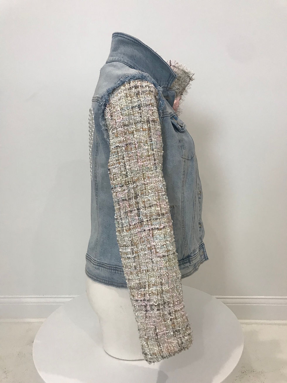 Thumbnail: L/S Lt Blue Denim Jacket, Tweed sleeves/lining/numbers, pearls