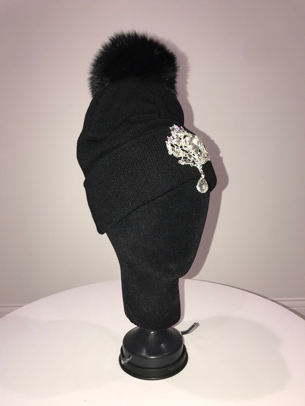 Thumbnail: Winter Hat, Black, black fox fur pom