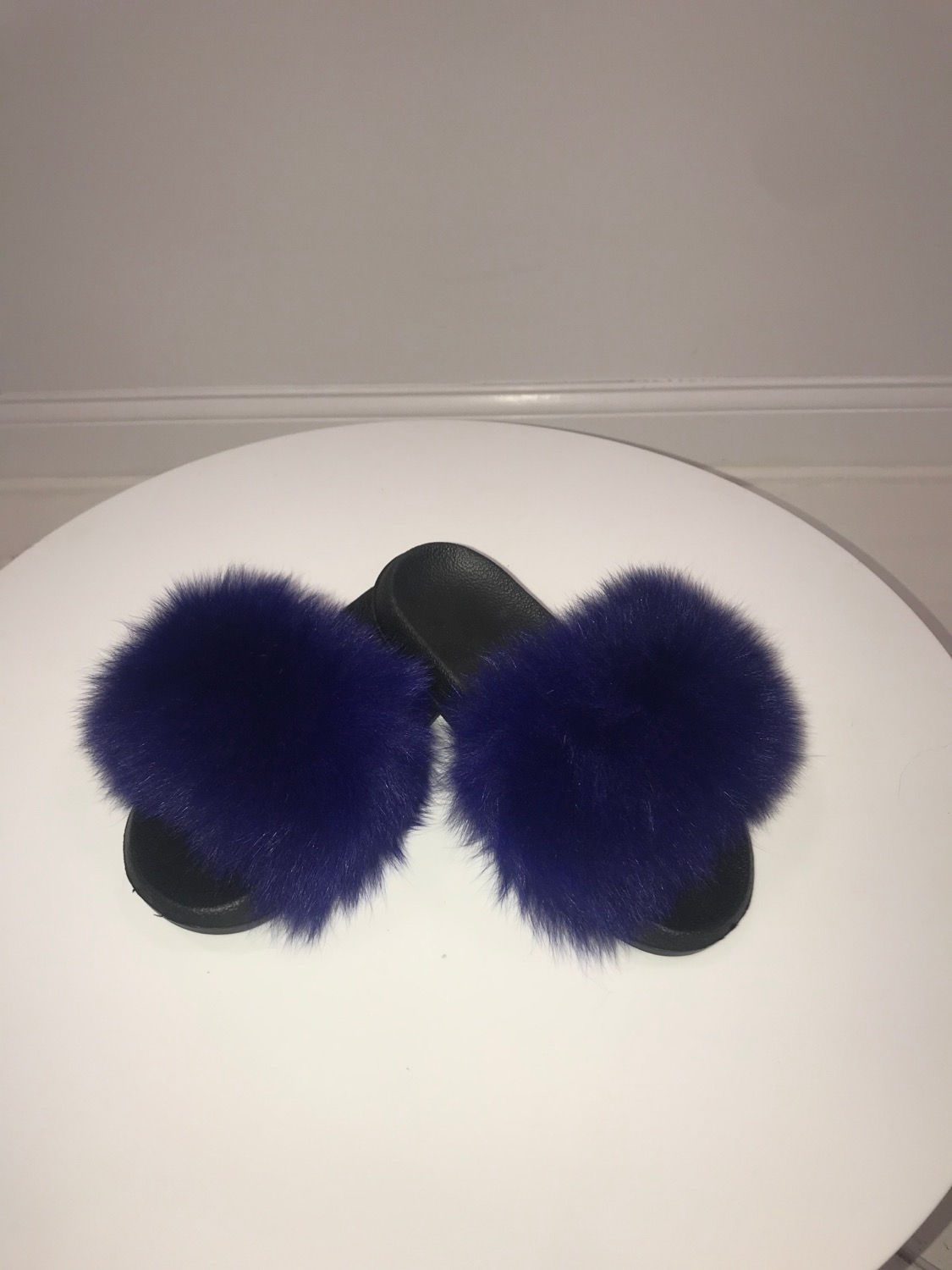 Ladies, Deep Blue, Fox Fur, Memory Foam Slides