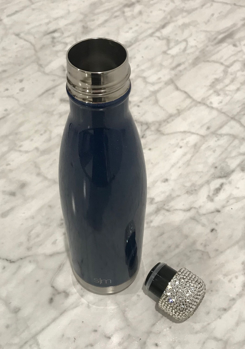 Thumbnail: Navy Blue, Coated Stainless Steel Water Bottle, Swarovski Crystals