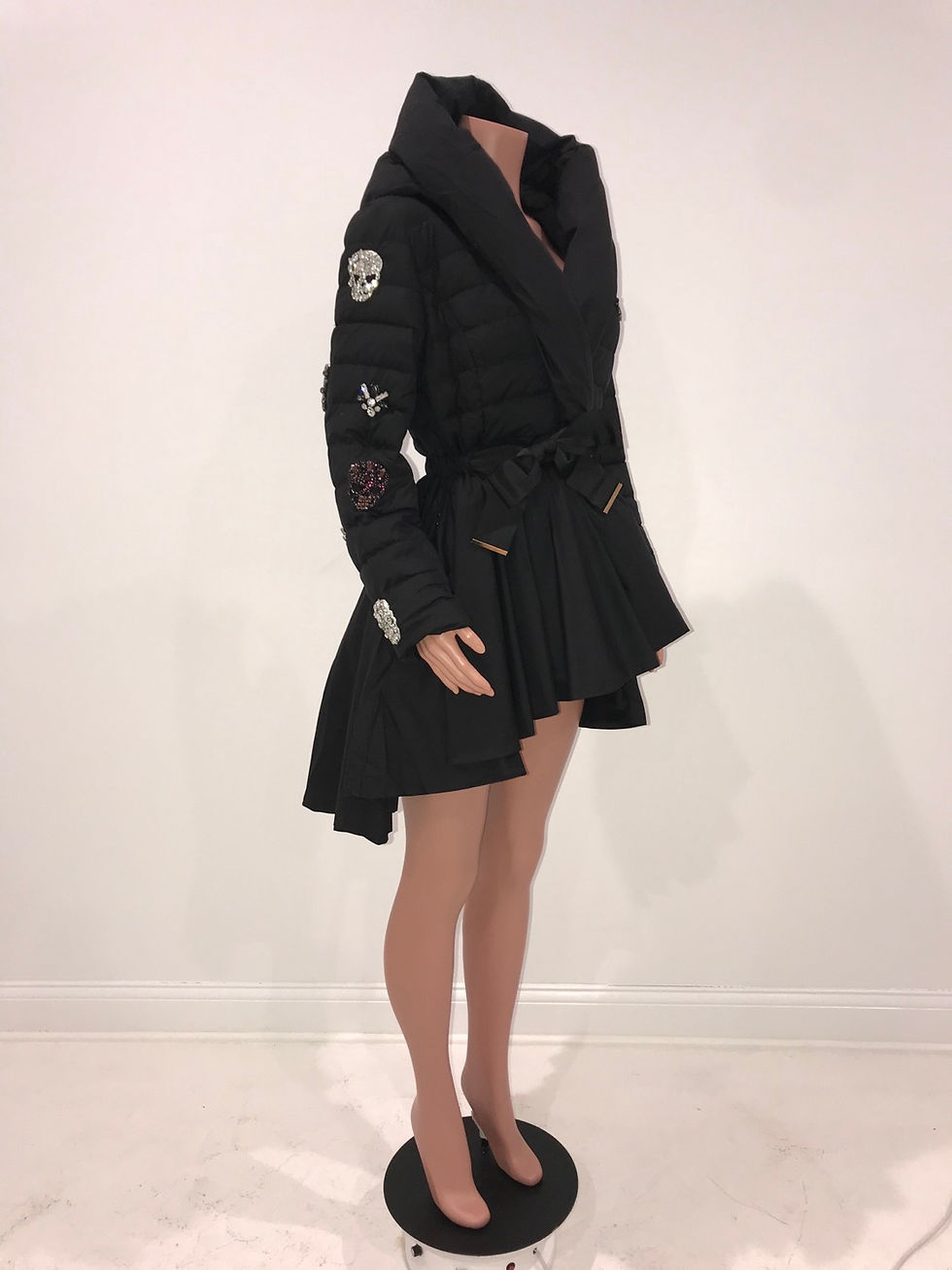 Thumbnail: Hi Low Peplum Hooded Puffer Jacket, Skeleton & Floral Appliques, SKULLS