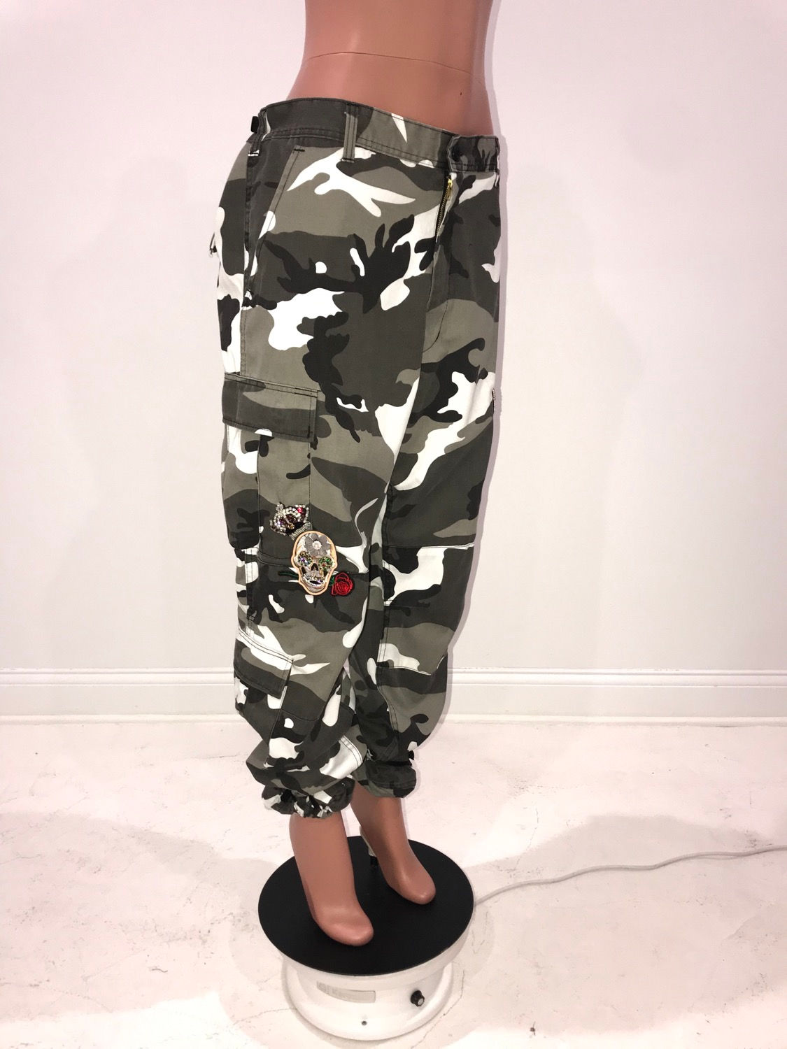 Ladies GLAMO Pants, Black/Grey Cargo, SKULLS, GUN, ROSES, CROWN, LIGHTENING BOLT