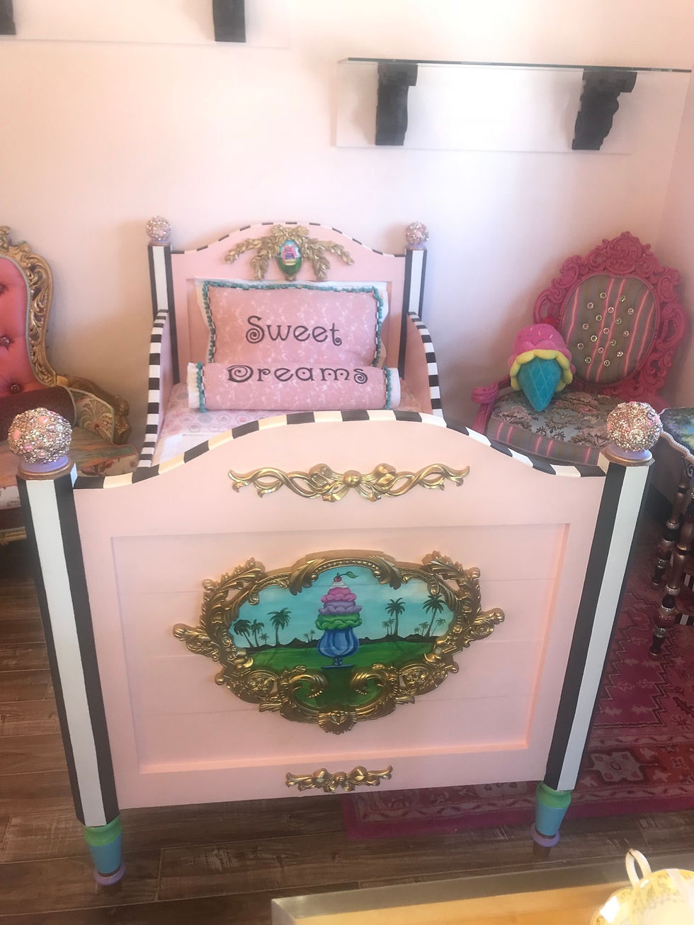Thumbnail: SWEET DREAMS, Sleigh Bed, Refinished, Hand Painted, Crystals
