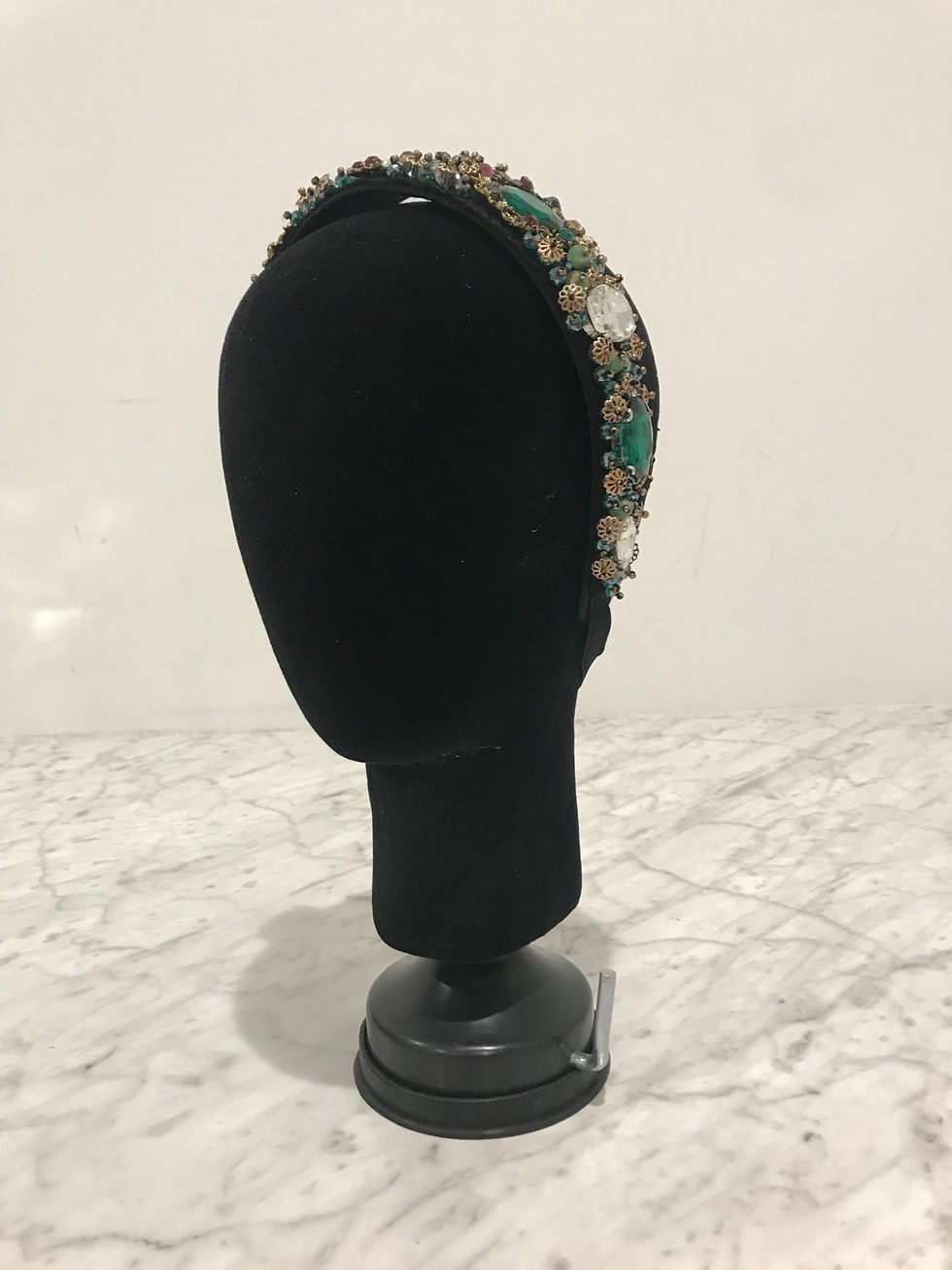Thumbnail: Headband, Black Satin, Baroque Jewels, Crystals, Emerald Green