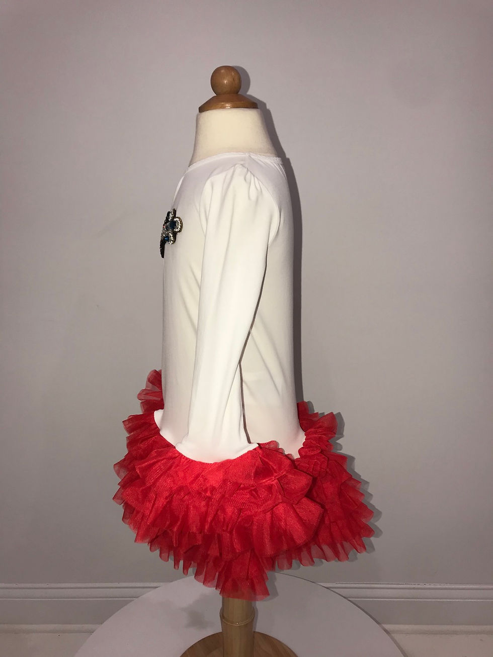 Thumbnail: L/S White Tutu Dress, Ruffle Sleeves, Designer rhinestone heart sword patch