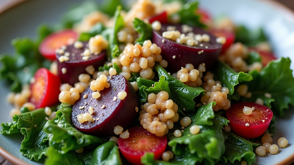 Close-up view of a colorful quinoa salad with kale, beets, and walnuts