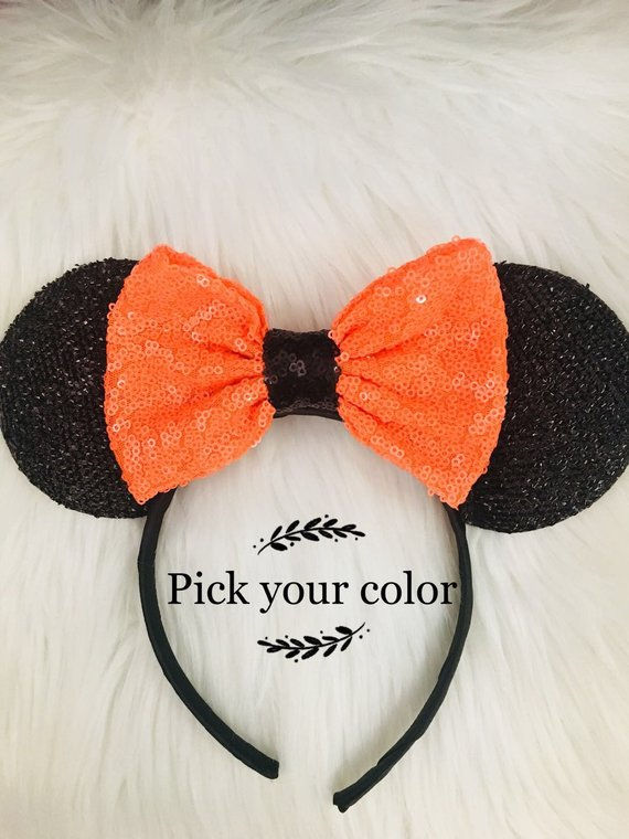 Halloween Orange/Black Mouse Sequin Ears Headband