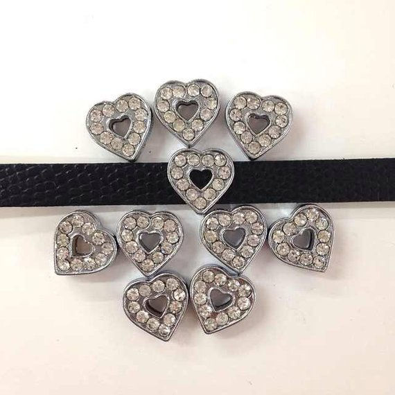 10 x Silver Rhinestone Heart Slide Charm fits 8mm Wristband for Jewelry/Crafting