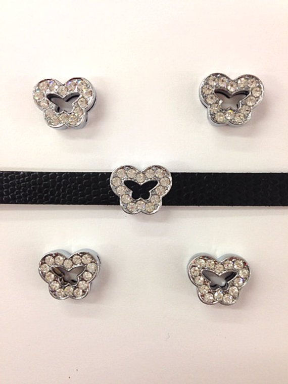10 x Silver Rhinestone Butterfly Slide Charm fits 8mm Wristband for Jewelry