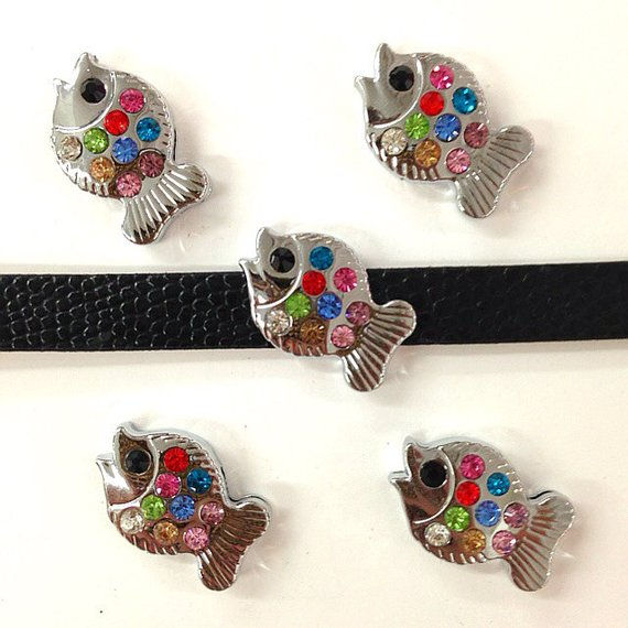 10 x Rhinestone Rainbow Fish Slide Charm fits 8mm Wristband for Jewelry/Crafting
