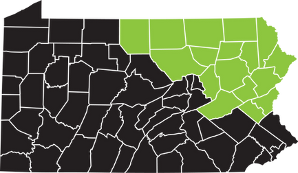 County map of Pennsylvania with the Northeastern counties in green and the rest black