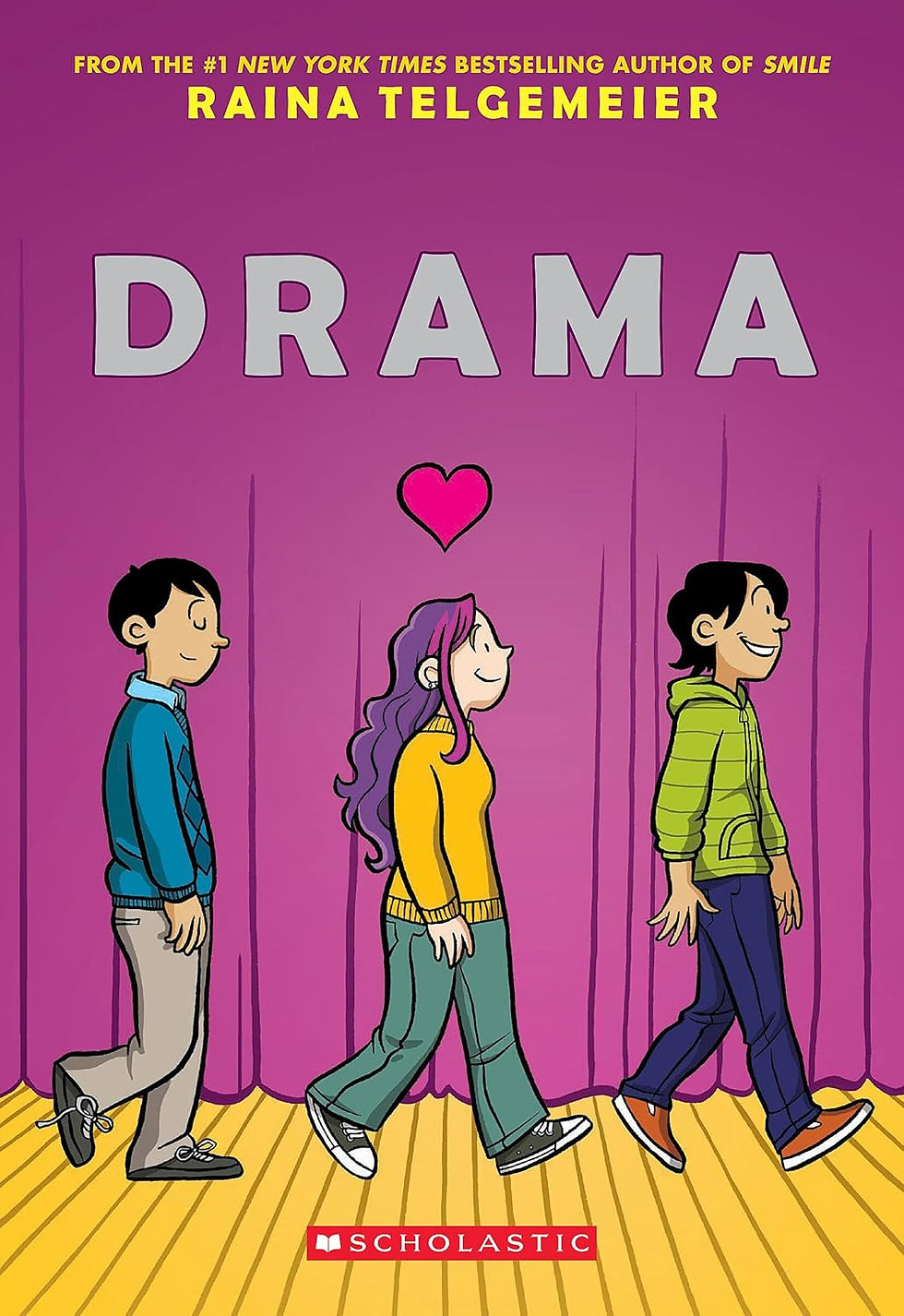 Bright, cartoon-style cover with a purple curtain background. Three middle-schoolers walk across a stage—two boys and a girl with purple hair—beneath the title “Drama” with a pink heart floating above them.