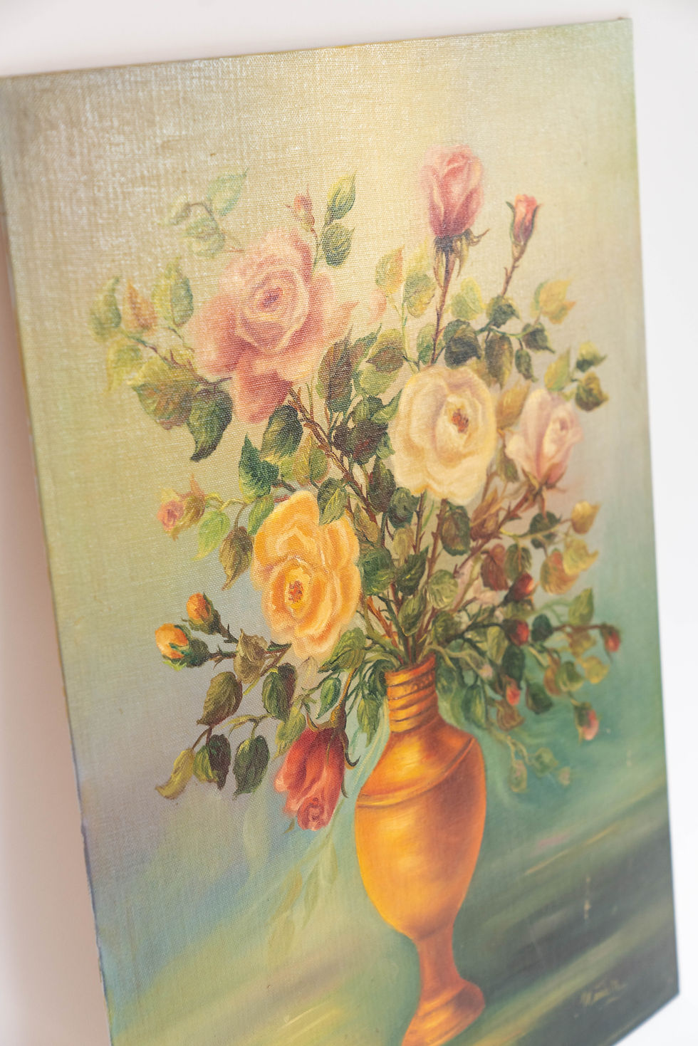 Thumbnail: Large Vintage Rose Vase Oil Painting