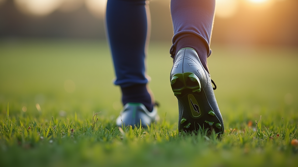 Close-up view of a child’s foot wearing a supportive football boot on grass