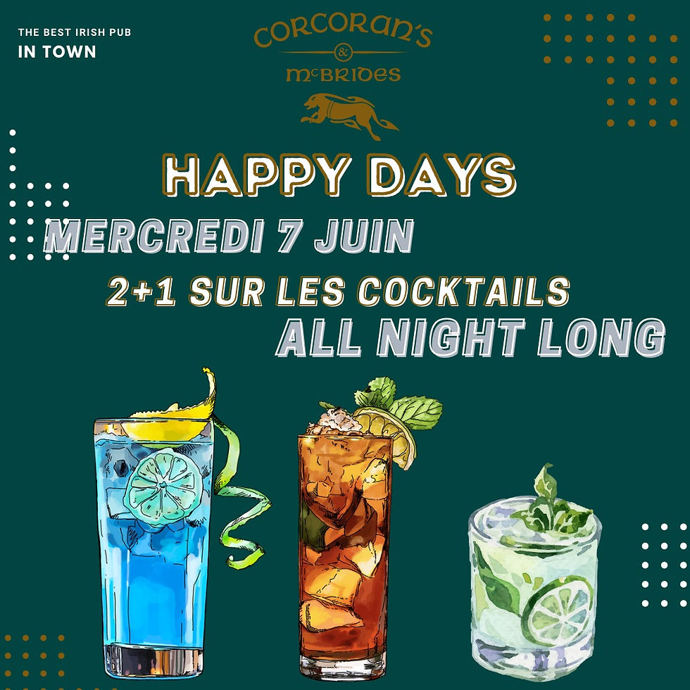 Offre spéciale du mercredi: pour l'achat de 2 cocktails, le 3ème offert au Corcoran's Grands Boulevards.
