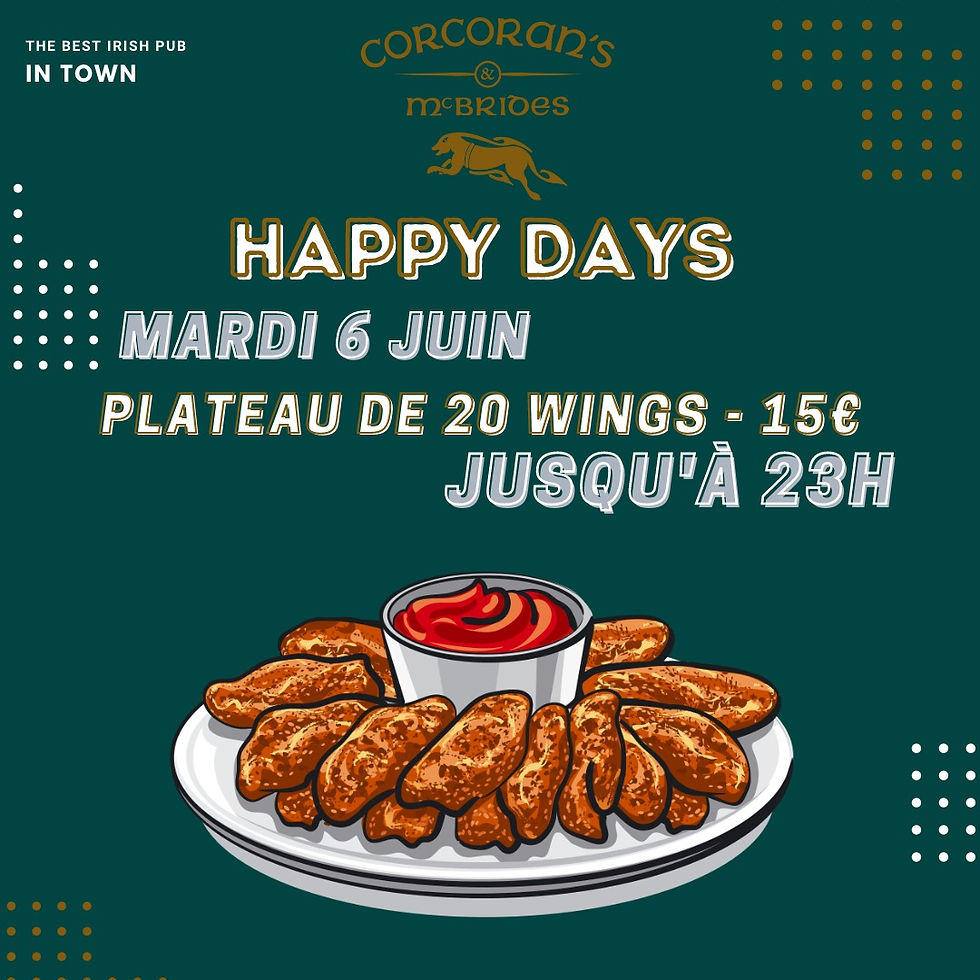 Offre spéciale du mardi: plateau de 20 wings savoureuses pour 15€ au Corcoran's Grands Boulevards