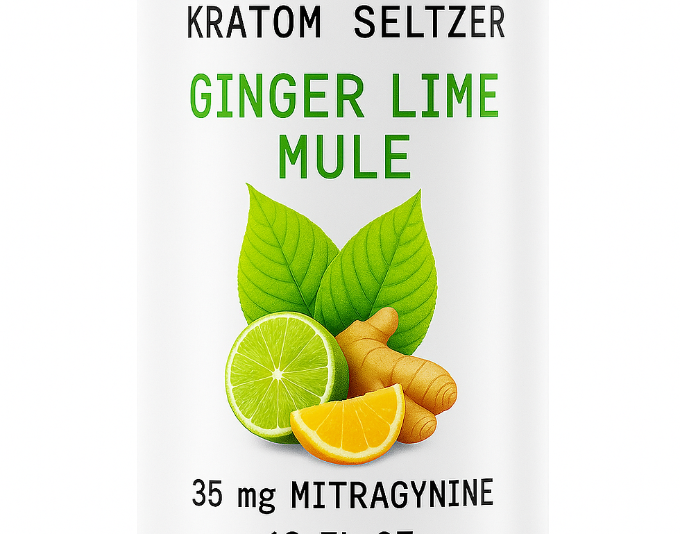 nectar botanica flavored ginger lime mule seltzer. Showing a Mitragynine Tree leaf, a lime slice, a lemon slice, and ginger. 
