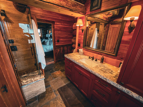 Rich cherry paneling in bathroom