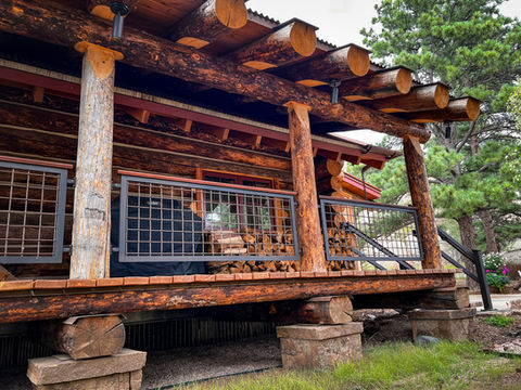 Custom wire mesh steel railings with Ipe hand rail