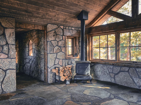 Vintage fireplace in a stone chapel