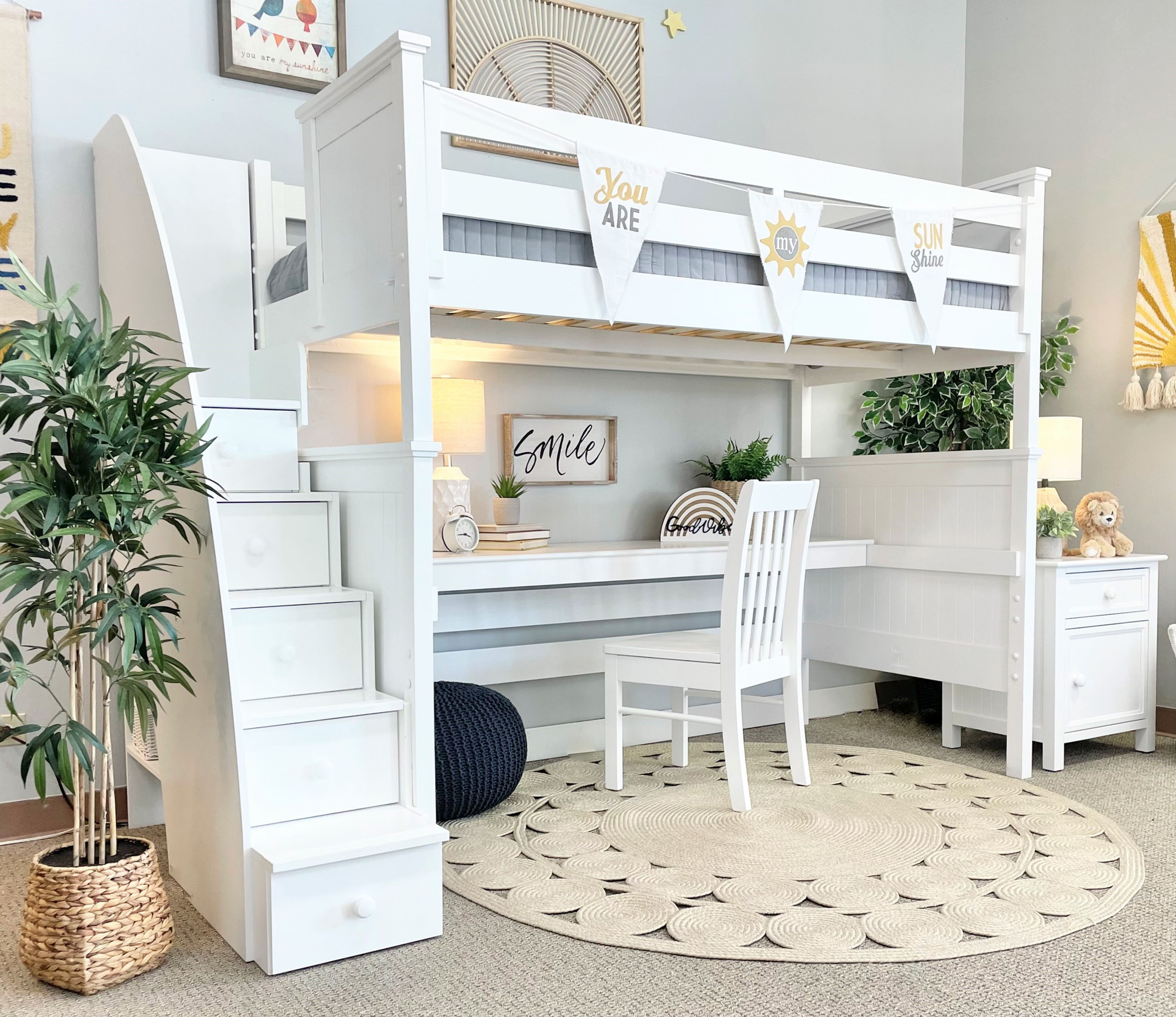 Beadboard Twin Loft Bed with Desk & Stairs White