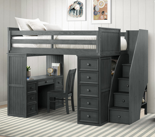 View of Full Student Loft with Stairs Weathered Grey | rooms4kids