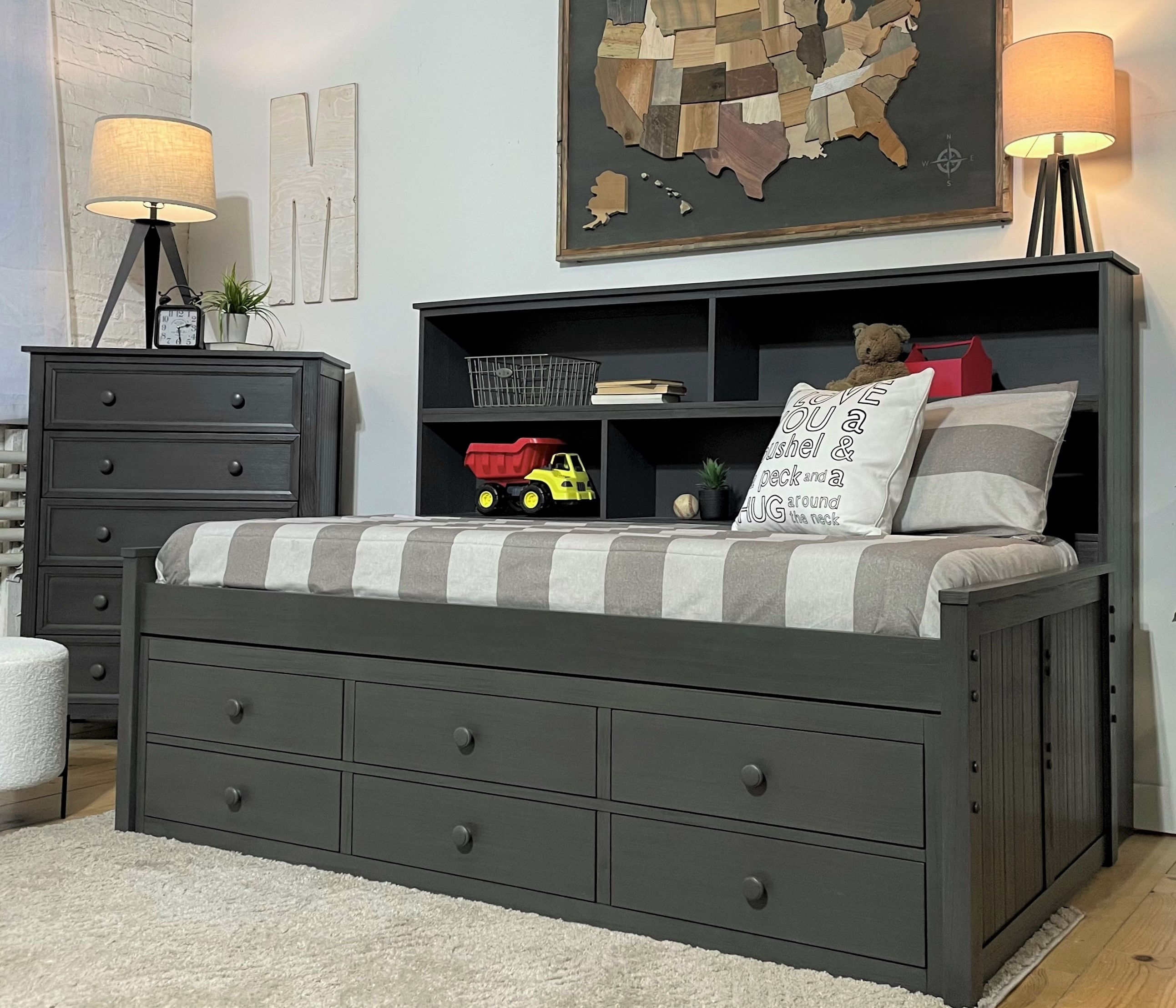 Twin Sideways Bookcase Bed with 6 Drawer Storage (grey)