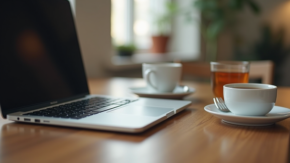 Eye-level view of a laptop on a wooden desk with a cup of tea