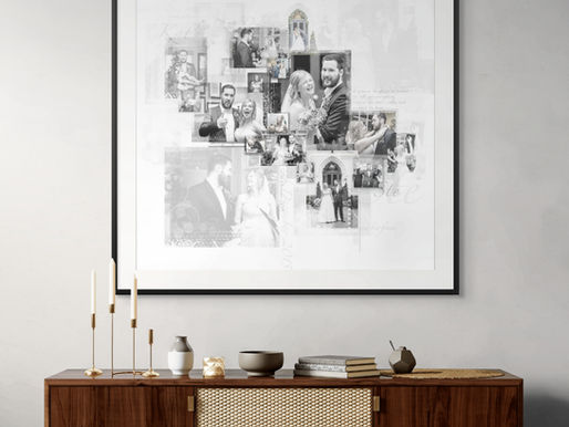 Framed personalised wedding artwork in Manchester — bespoke photo-collage commissions with fine art printing and custom framing.