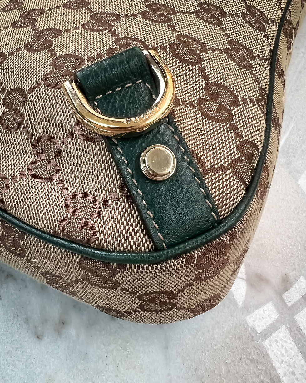 Thumbnail: Gucci Monogram D Ring Shoulder Bag brown canvas with green leather trim