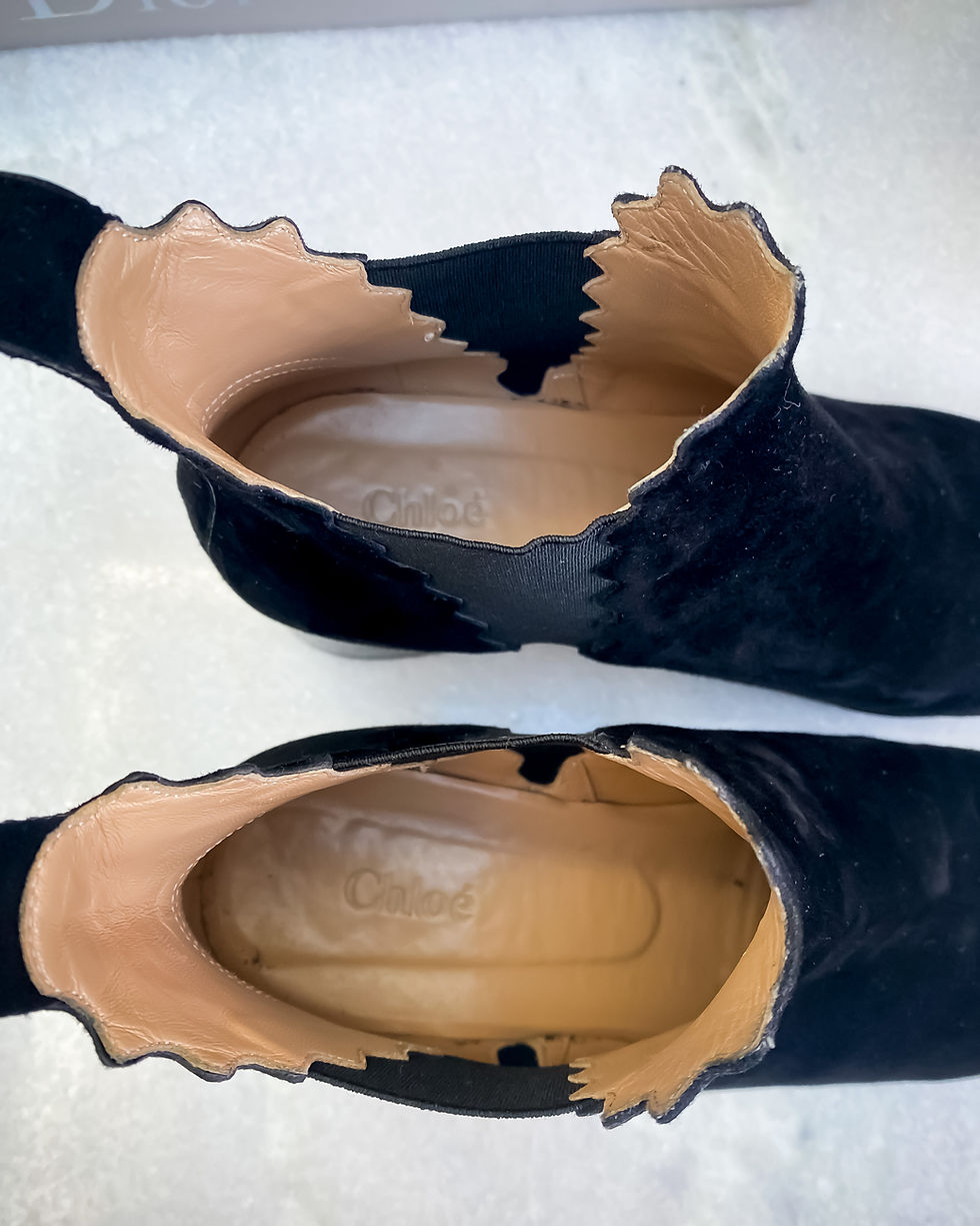 Thumbnail: Chloé Lauren Suede Scalloped Edge Black Leather Ankle Boots - Size 37