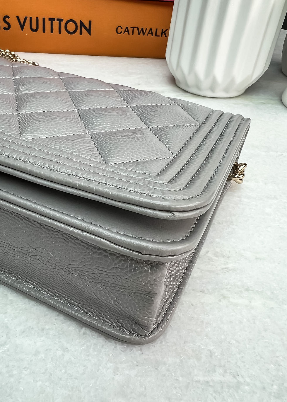 Thumbnail: Chanel Boy Wallet on Chain WOC - Grey Caviar Leather with light gold hw