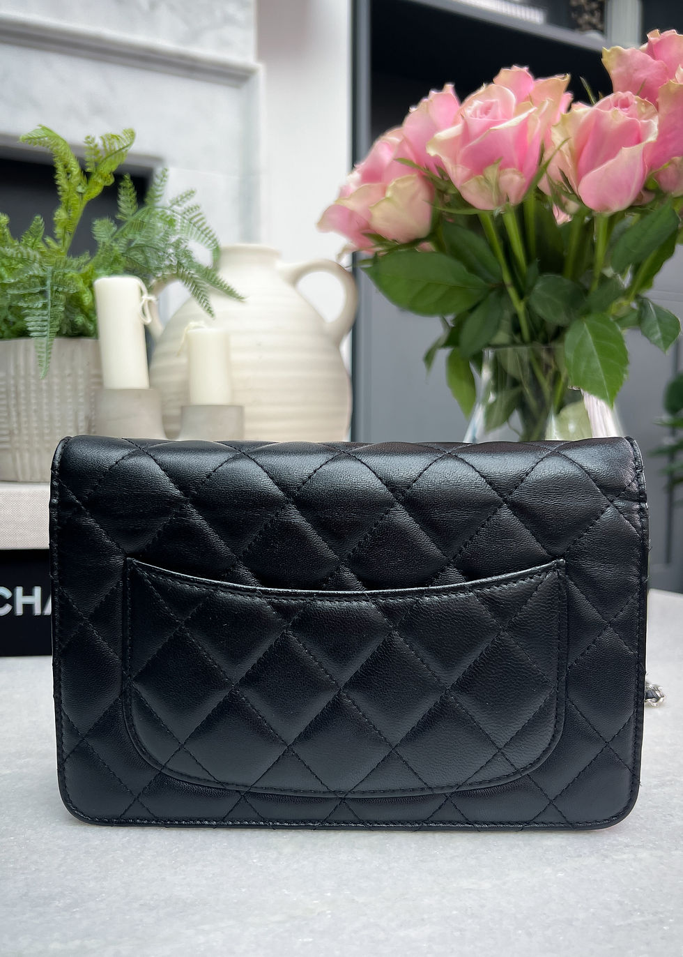 Thumbnail: Chanel Classic Wallet on Chain in black lambskin with silver hardware