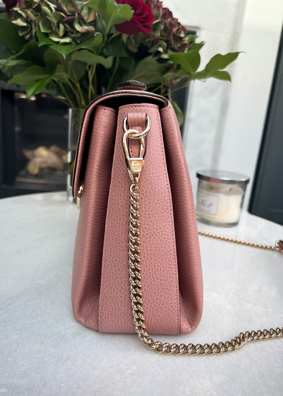 Thumbnail: Gucci Interlocking GG Blush Pink Large Top Handle Bag with light gold hardware.