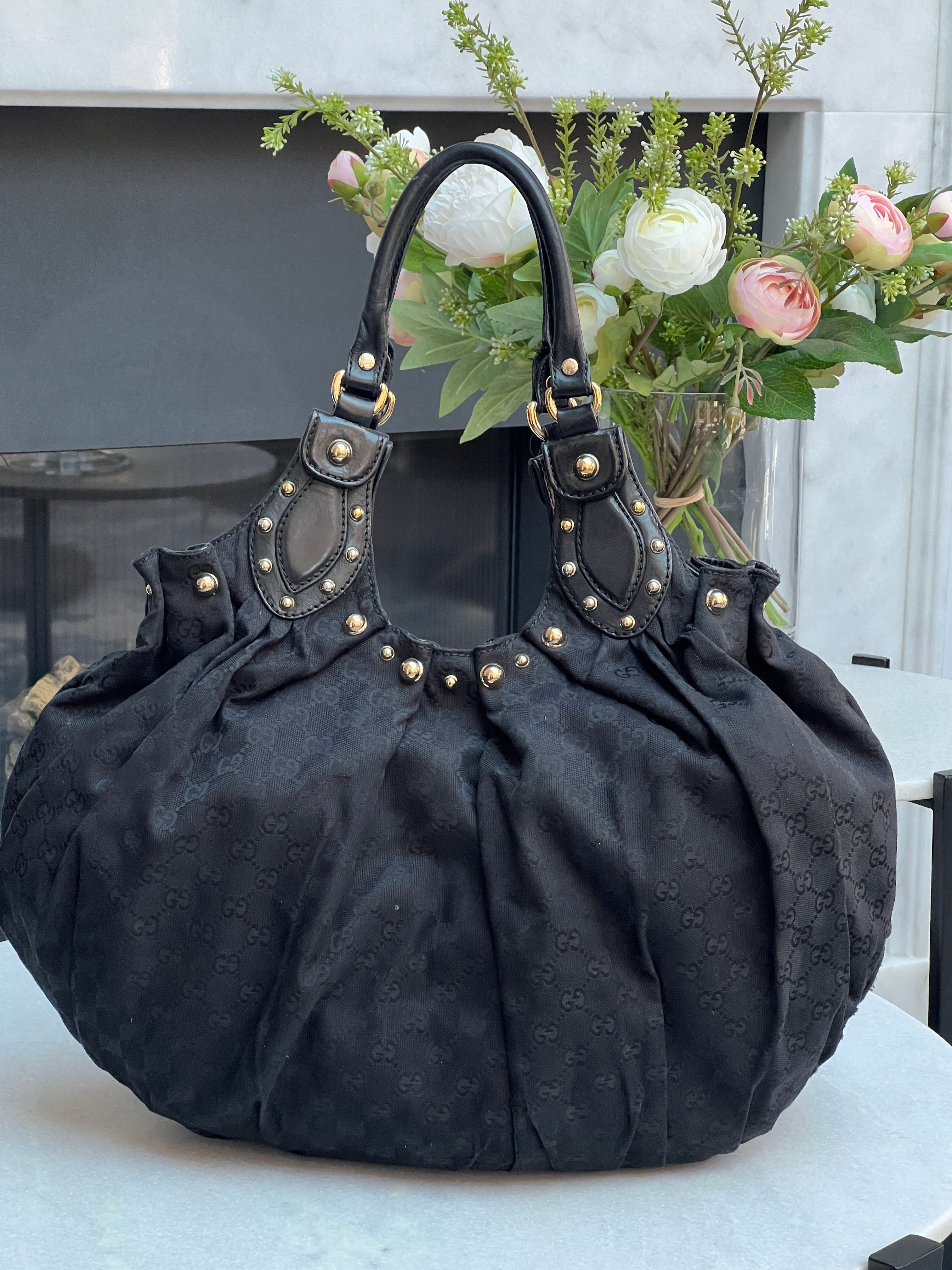 Gucci Black GG Canvas and leather Pelham Studded Hobo Bag