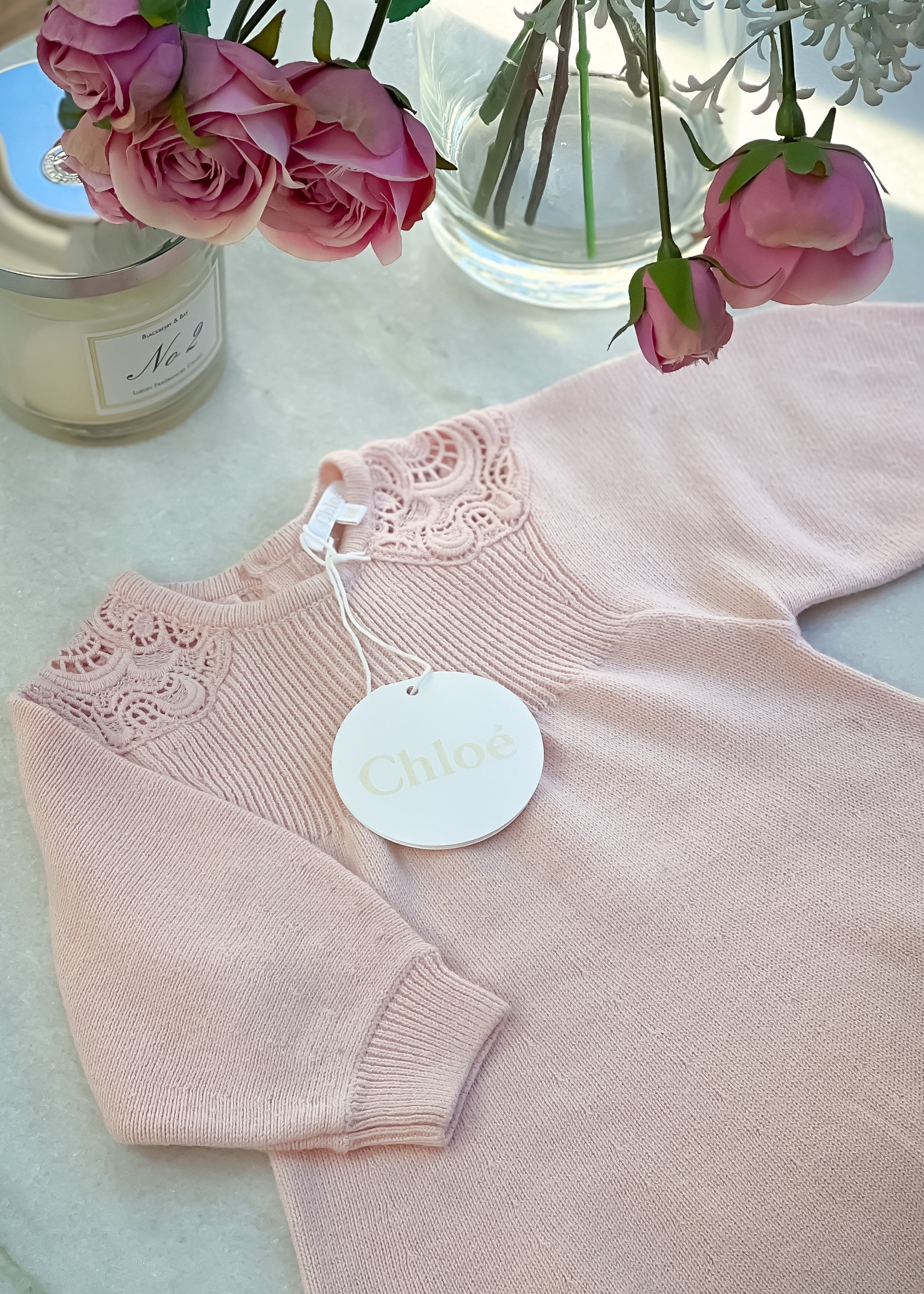 Chloe baby girls wool pink dress with lace detail sleeve, age 6 months