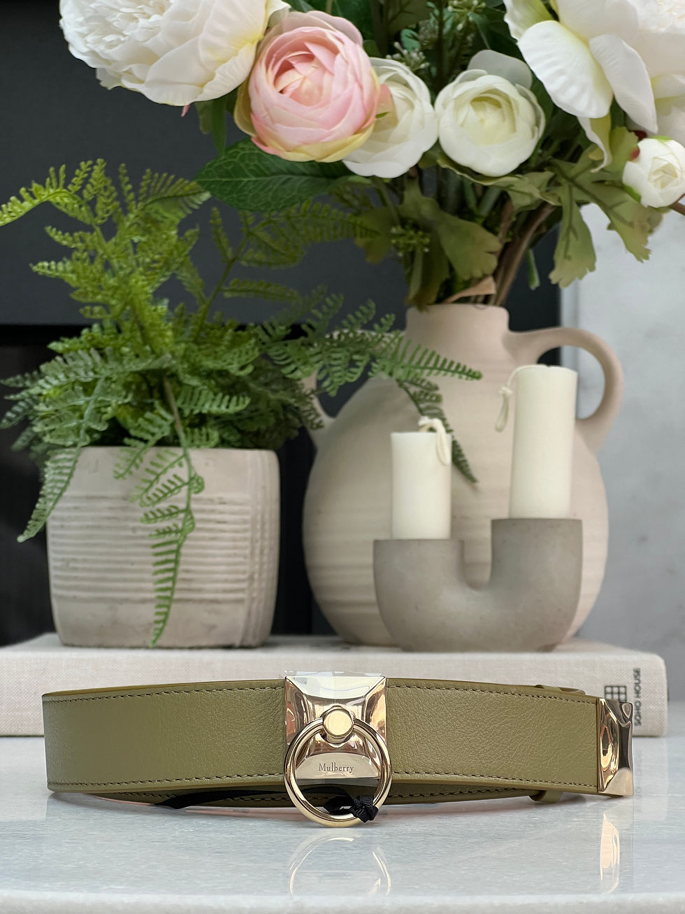 Thumbnail: Mulberry Iris Belt in Silky Summer Khaki Green, size Small R111