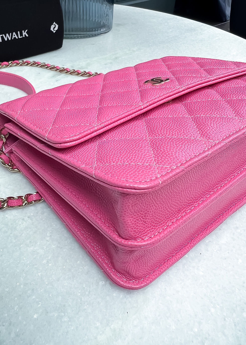 Thumbnail: Chanel Caviar Quilted Square Wallet on Chain in pink with gold hw