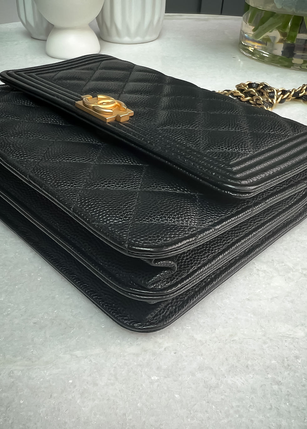 Thumbnail: Chanel Caviar Quilted Square Boy Wallet on Chain, black, antique gold tone hw